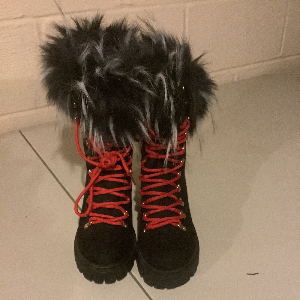 Black Fur Red Lace Boots